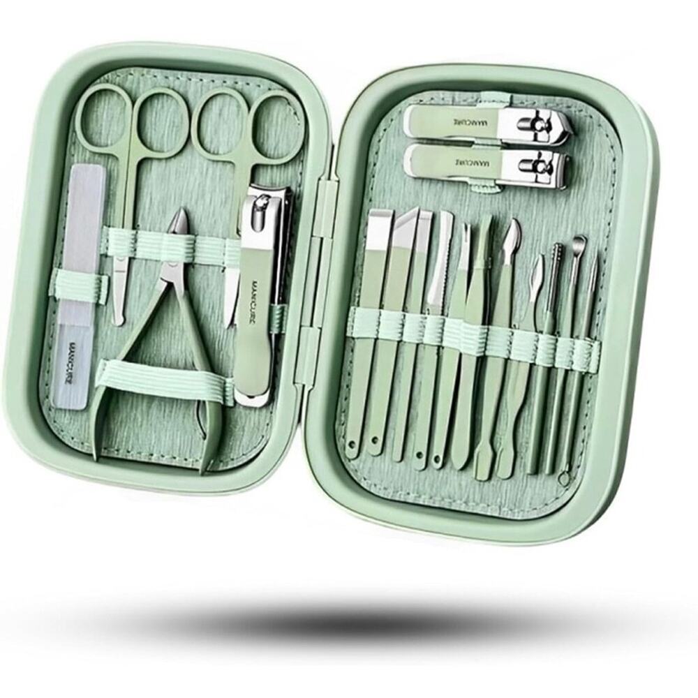 18-Piece Manicure & Pedicure Set – Green Stainless Steel Nail Care Kit